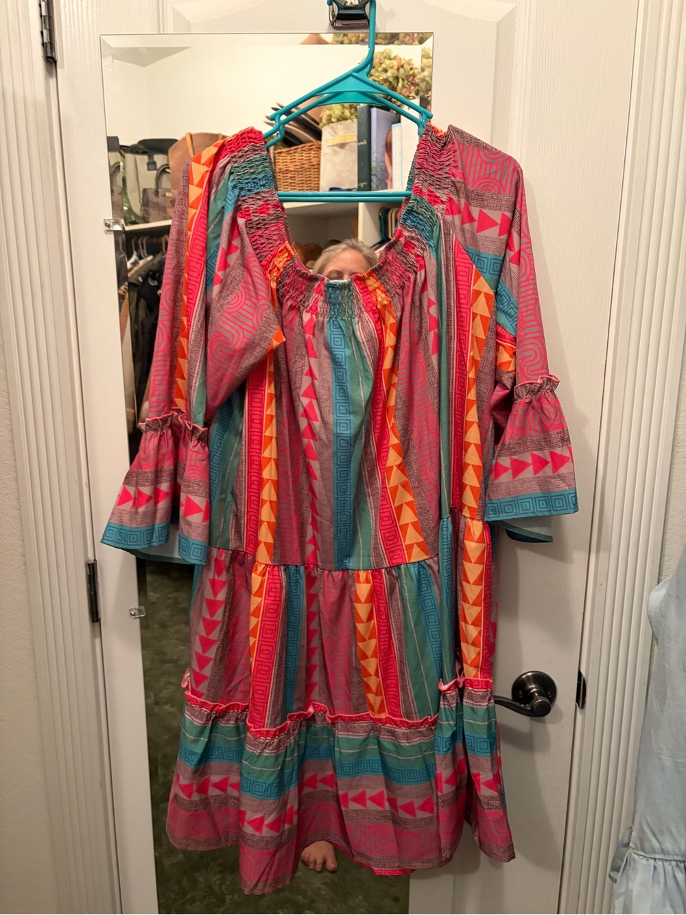 Colorful Boho Tiered Dress — Pink, Teal & Orange worn on or off the shoulder.
